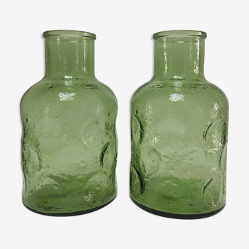 Two 70s green textured molded glass vases
