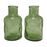Deux vases verre moulé texturé vert années 70
