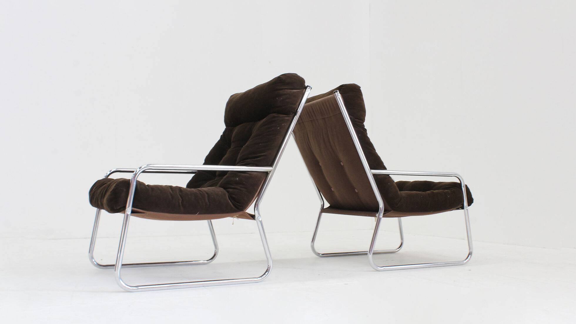 Ensemble de 2 fauteuils chromés vintage Space Age par Gillis Lundgren, années 1970.