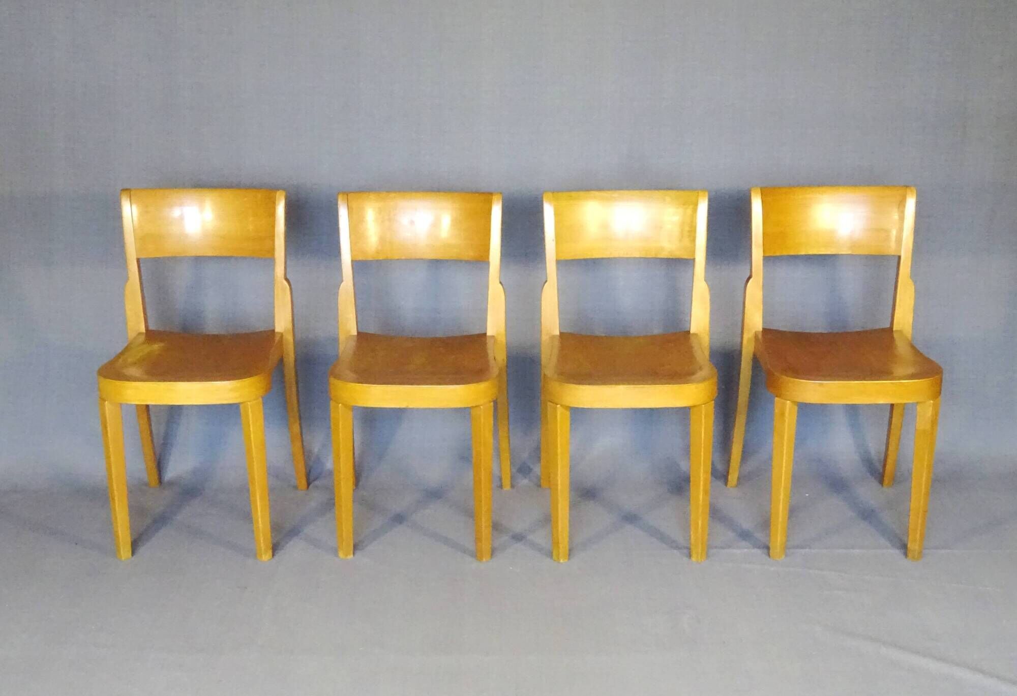 4 bistro chairs, around 1960, by Horgen Glarus - Switzerland - golden oak finish.