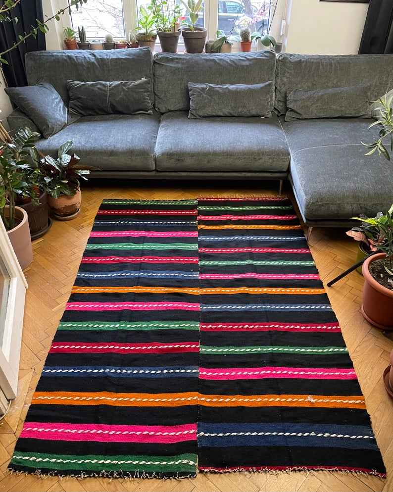 Romanian vintage carpet with stripes, made by hand in wool