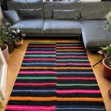 Romanian vintage carpet with stripes, made by hand in wool