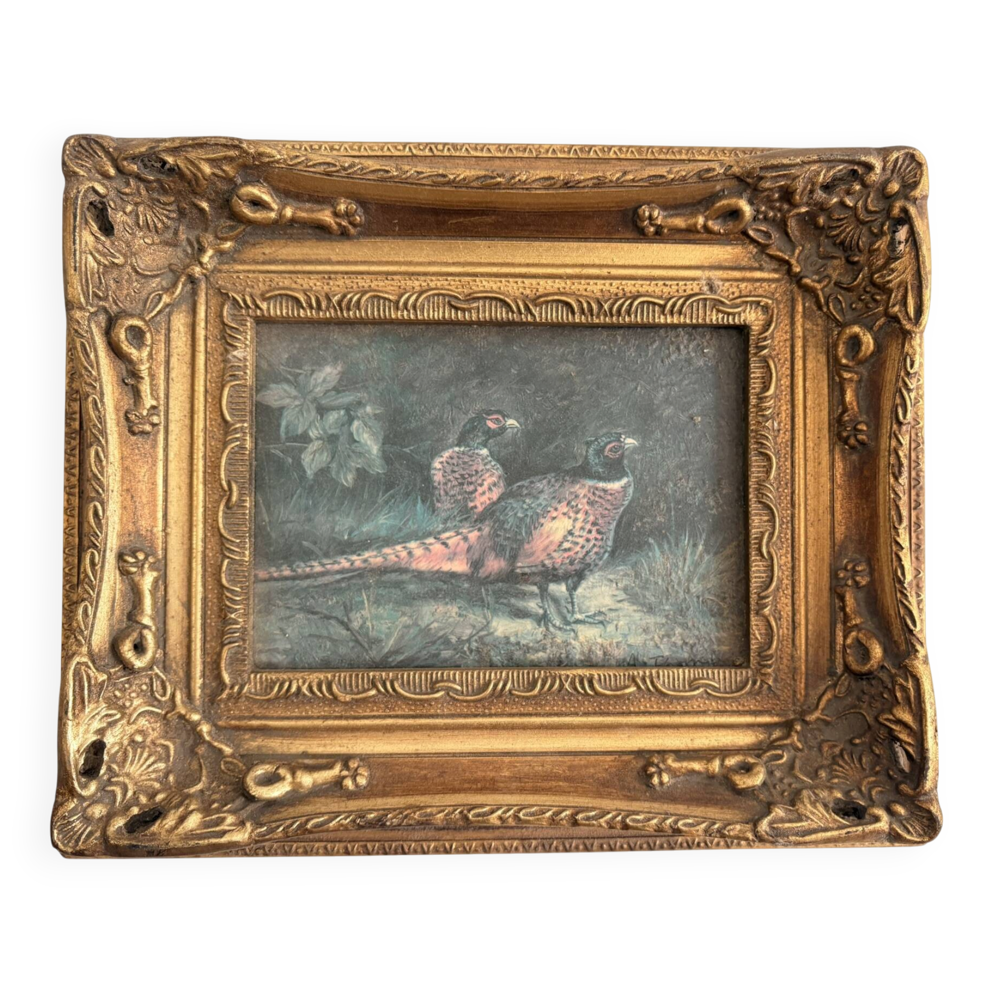 Ancient Impressionist Painting Hunting Pheasant English Rococo Frame