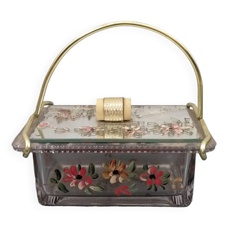 Vintage glass and brass candy or cookie box with floral decoration