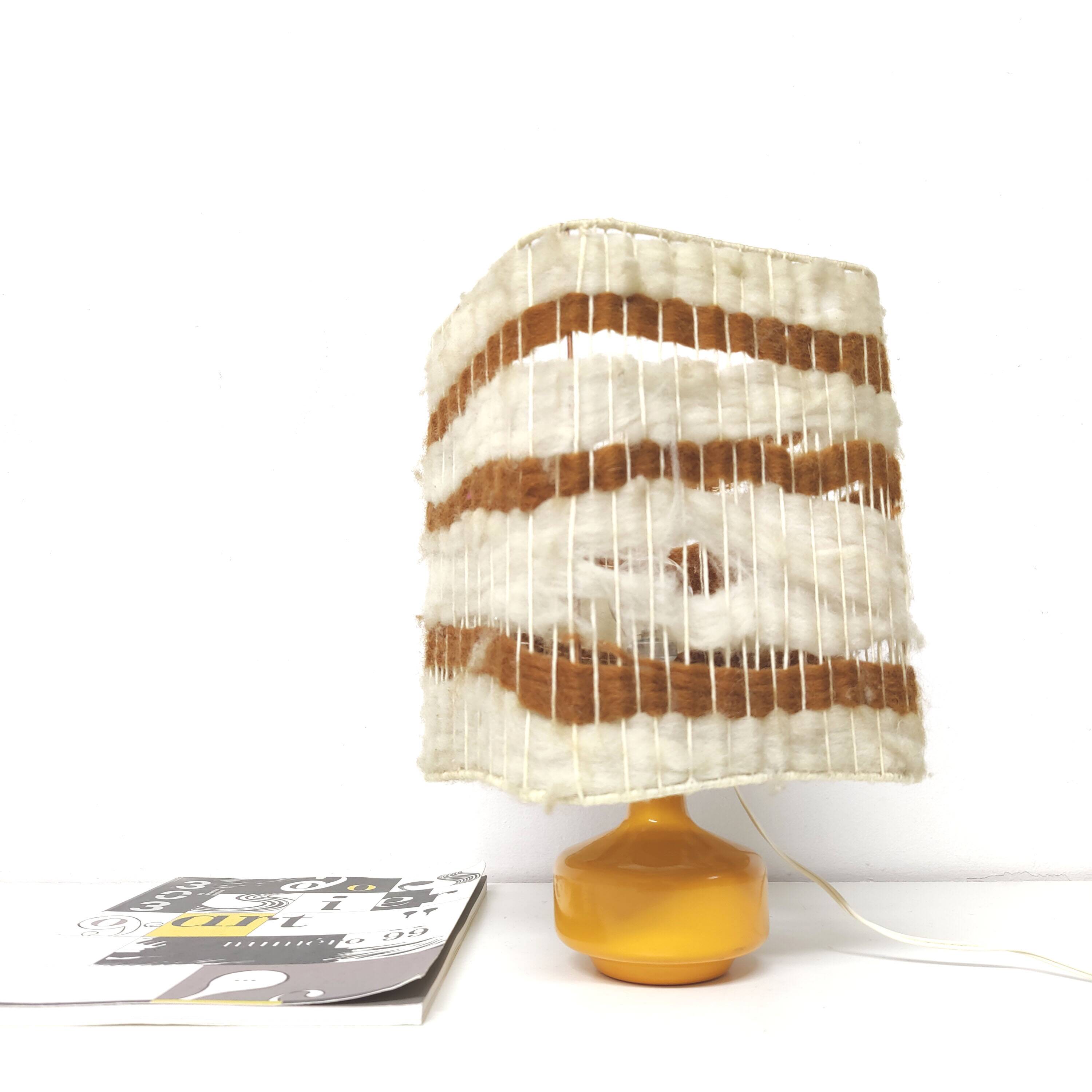 Orange ceramic lamp with vintage wool lampshade from the 70s