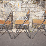 Set of 3 folding chairs in rattan and chromed metal, vintage chair, design, 60's