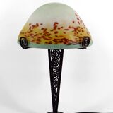 Lampe Champignon en Fer Forgé et Abat-jour en Pâte de Verre Soufflée, 1920