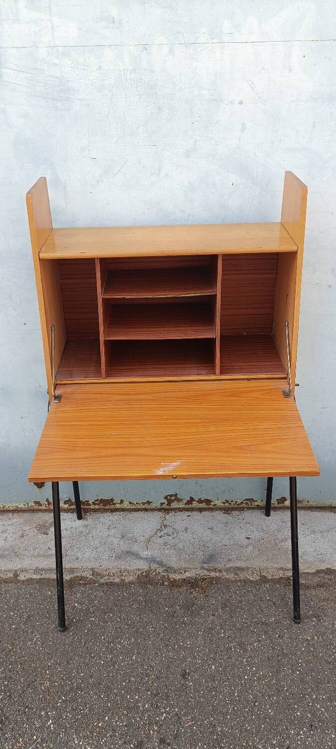 Vintage light oak secretary desk with metal base