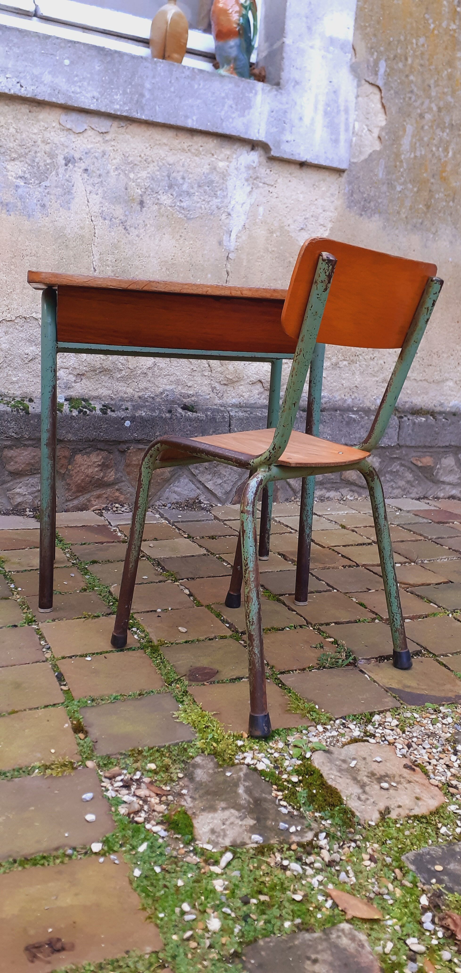 Vintage teak and solid oak schoolwork and its 50 year chair