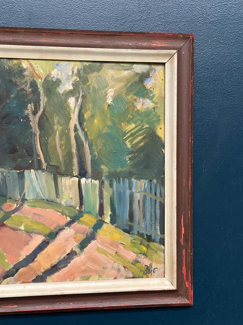 Original Swedish Oil on Panel - "Landscape with Fence" by Bajo - Signed - Vintage and Framed - 58 × 52 cm (22.8" × 20.5")