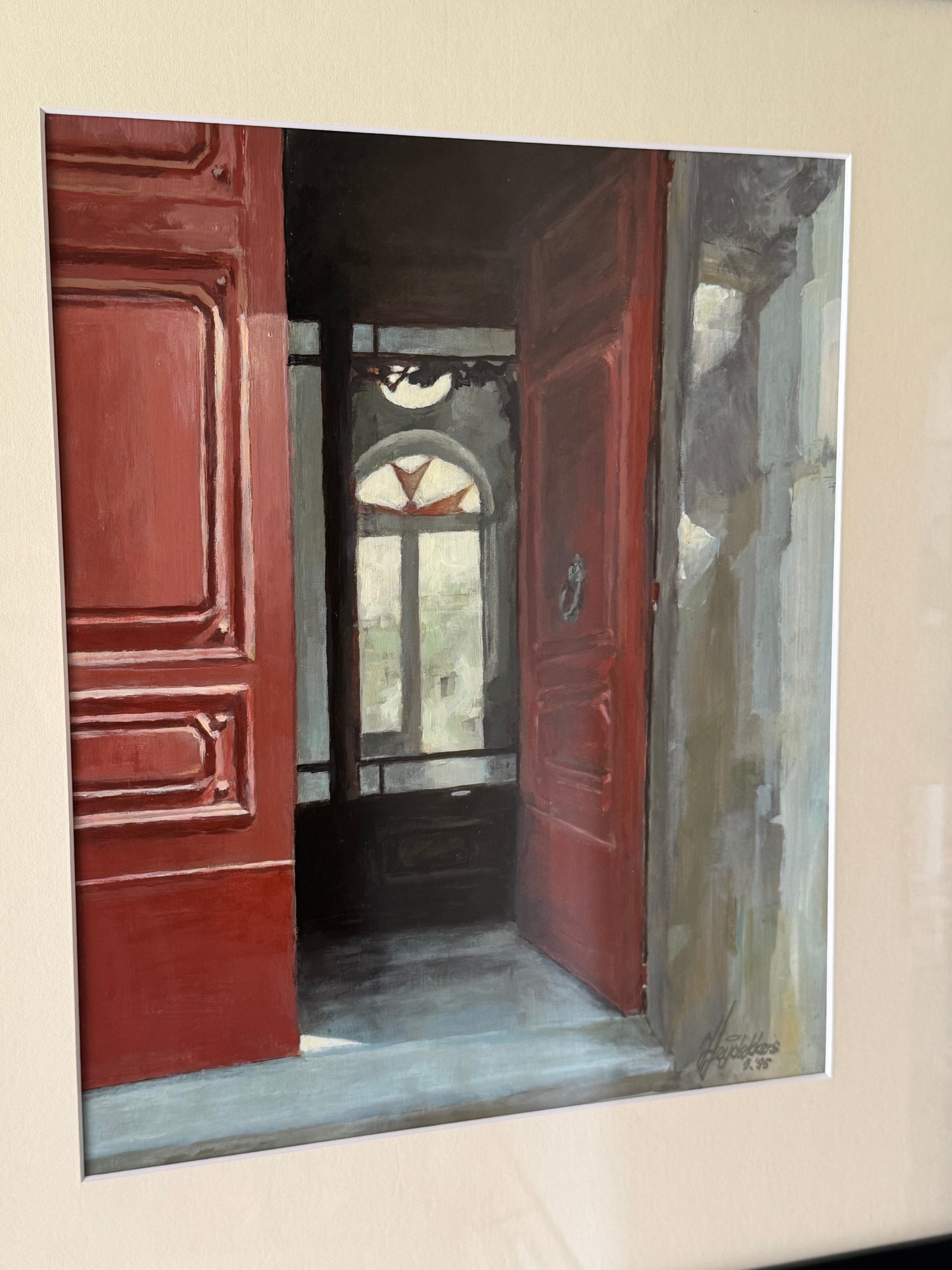 Original Signed Framed Oil Artwort Of Parisian Red Door