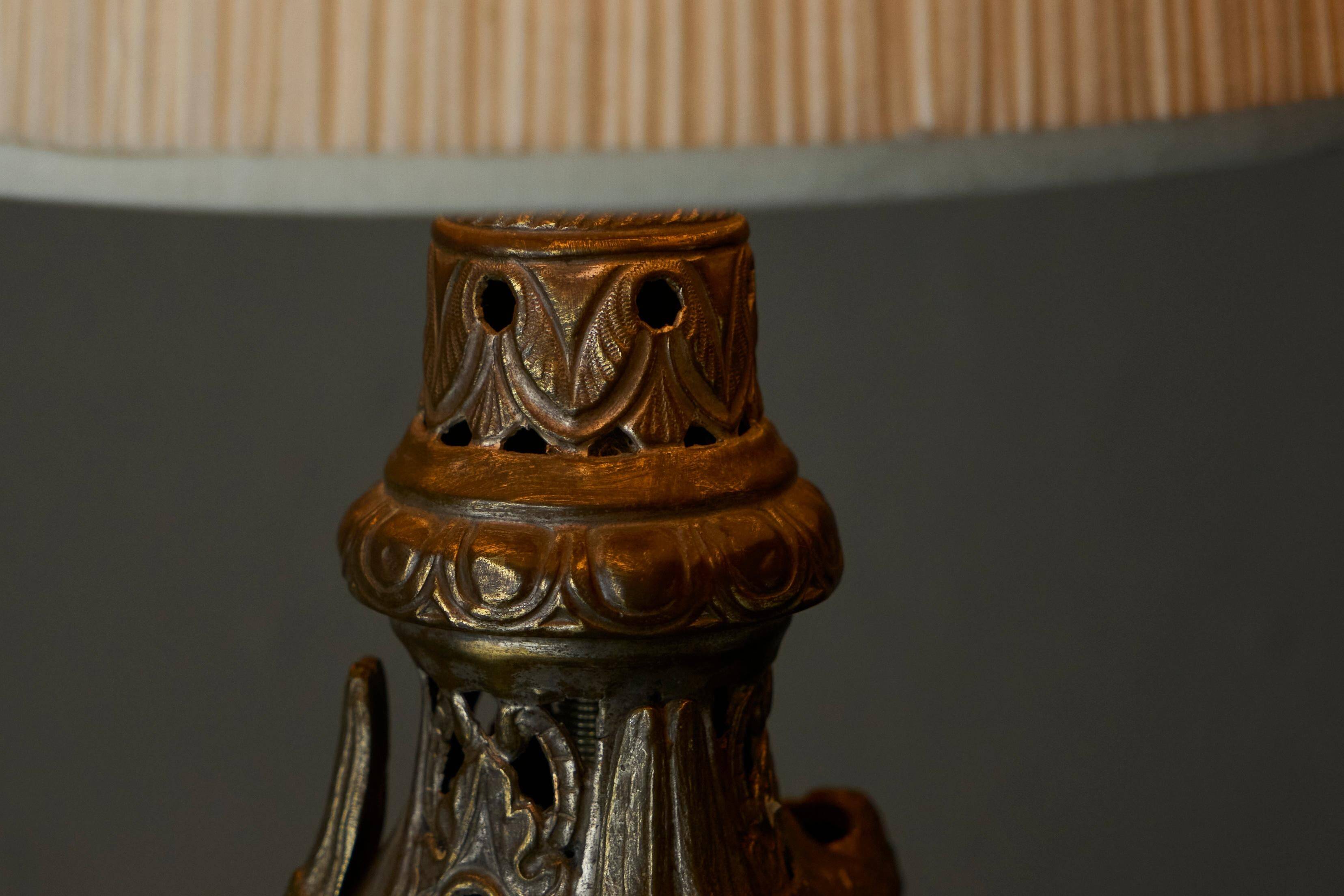 Antique Table Lamp in Patinated Brass and Silver, 19th Century