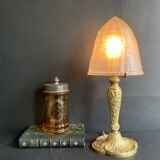 Art Nouveau table lamp in gilded bronze and molded pressed glass globe