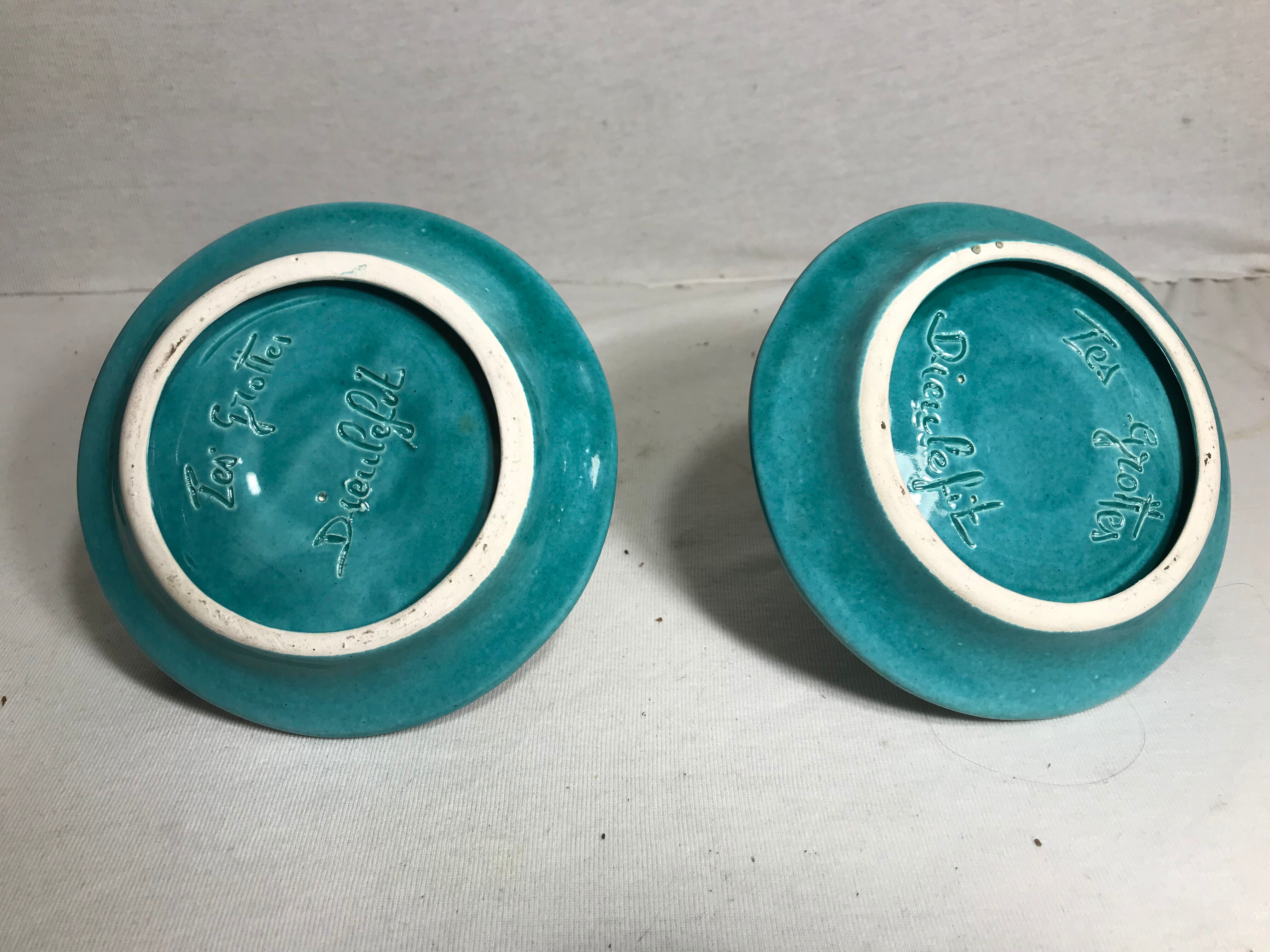Old caves dieulefit green ceramic + cove vintage candlestick pair