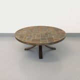 Vintage brutalist round coffee table in metal and slate from the 70s