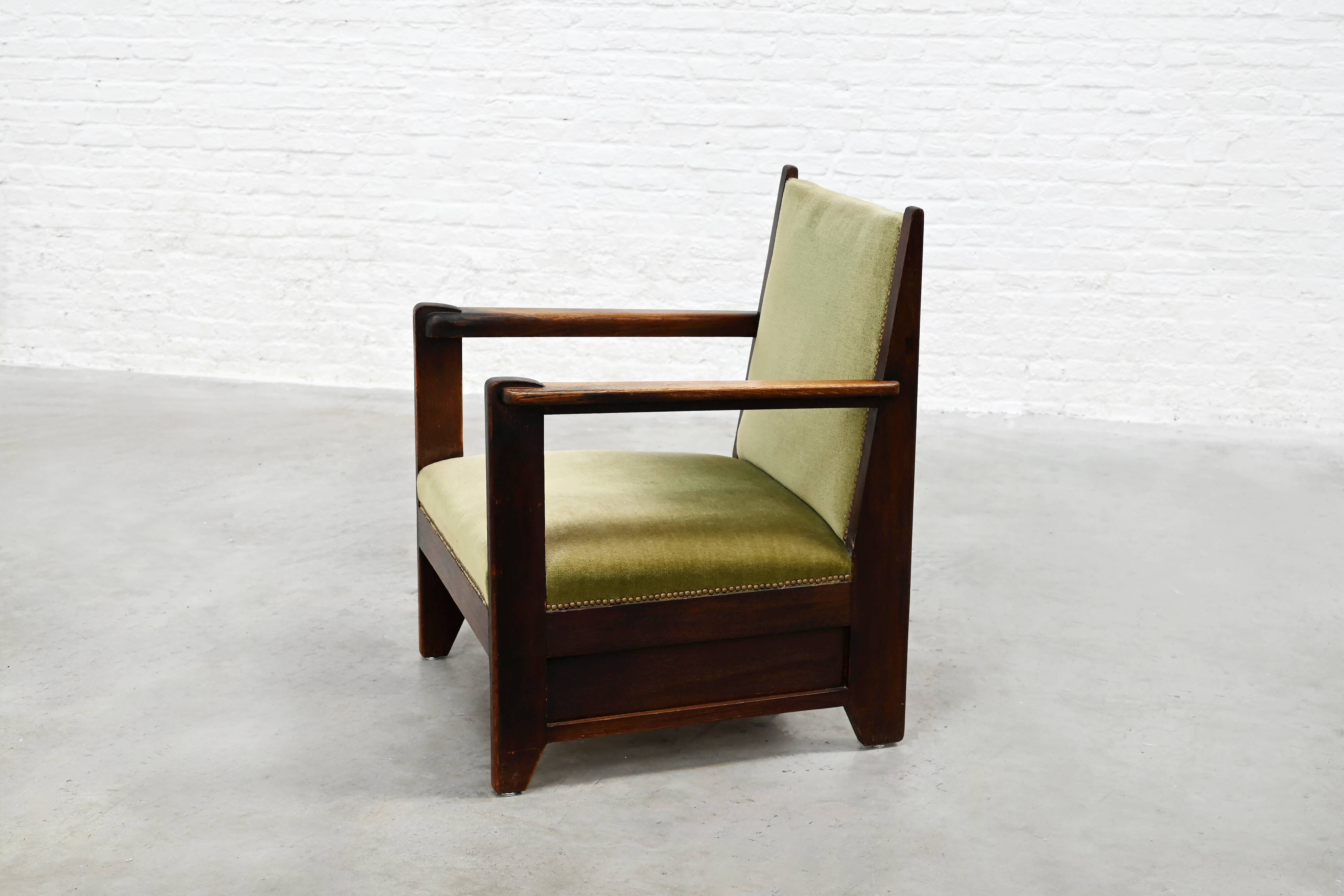 Hague School Sculptural Armchair, Stained Oak, The Netherlands, 1920s