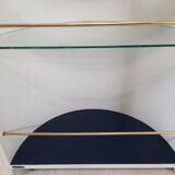 Armoire à barre vintage en forme de cylindre ouvrable, bois, laiton et verre.