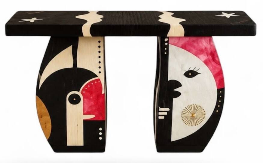 console Art Déco en bois noir et marqueterie polychrome