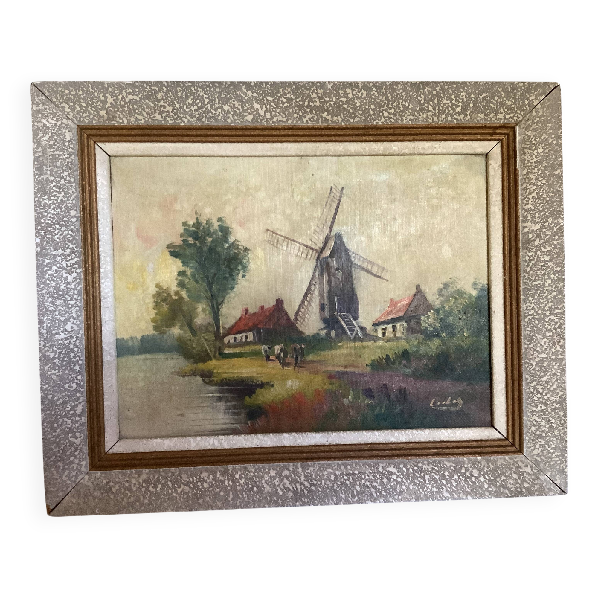 Landscape painting cows oil on canvas signed