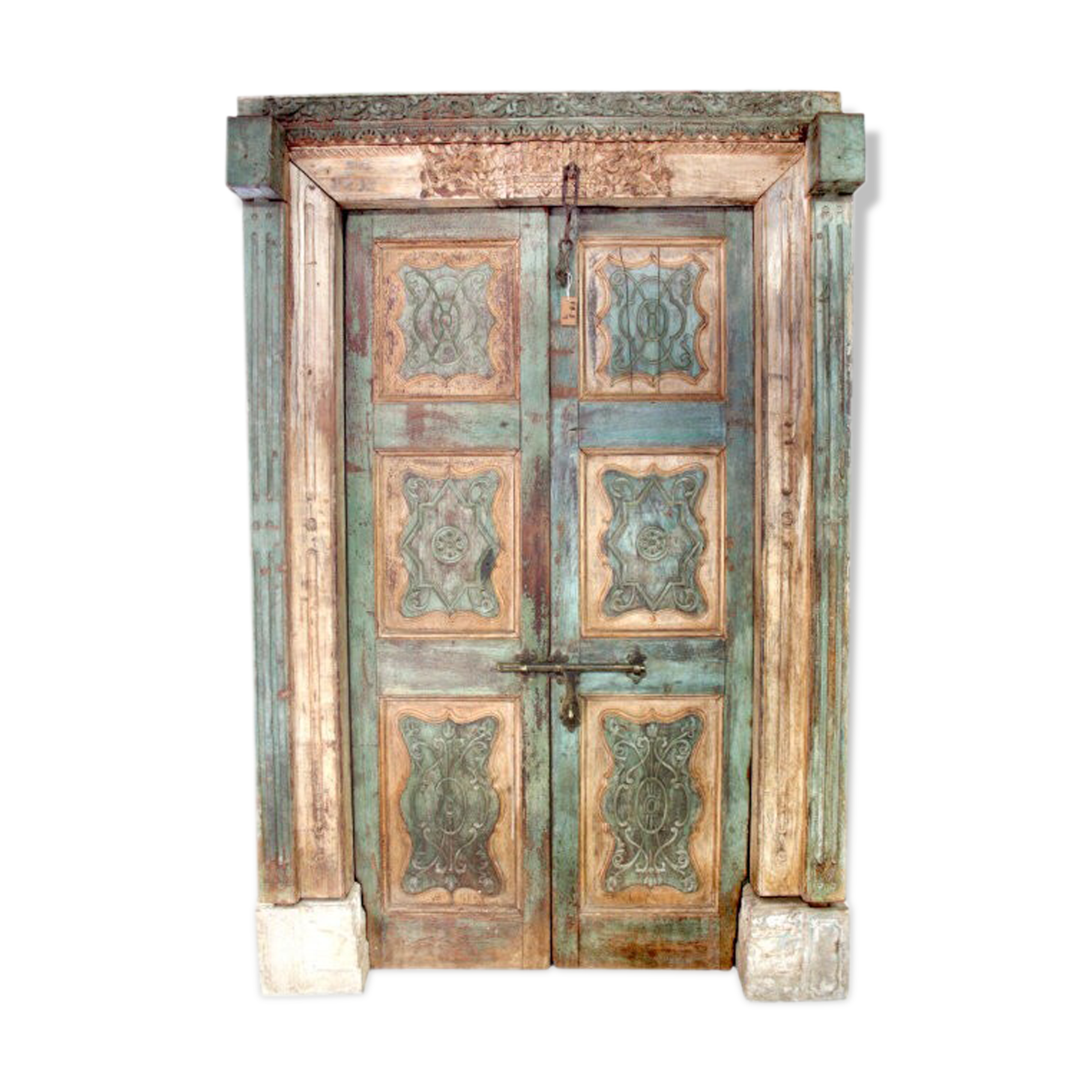 Indian gate yellow green sculptee old teck origin patina