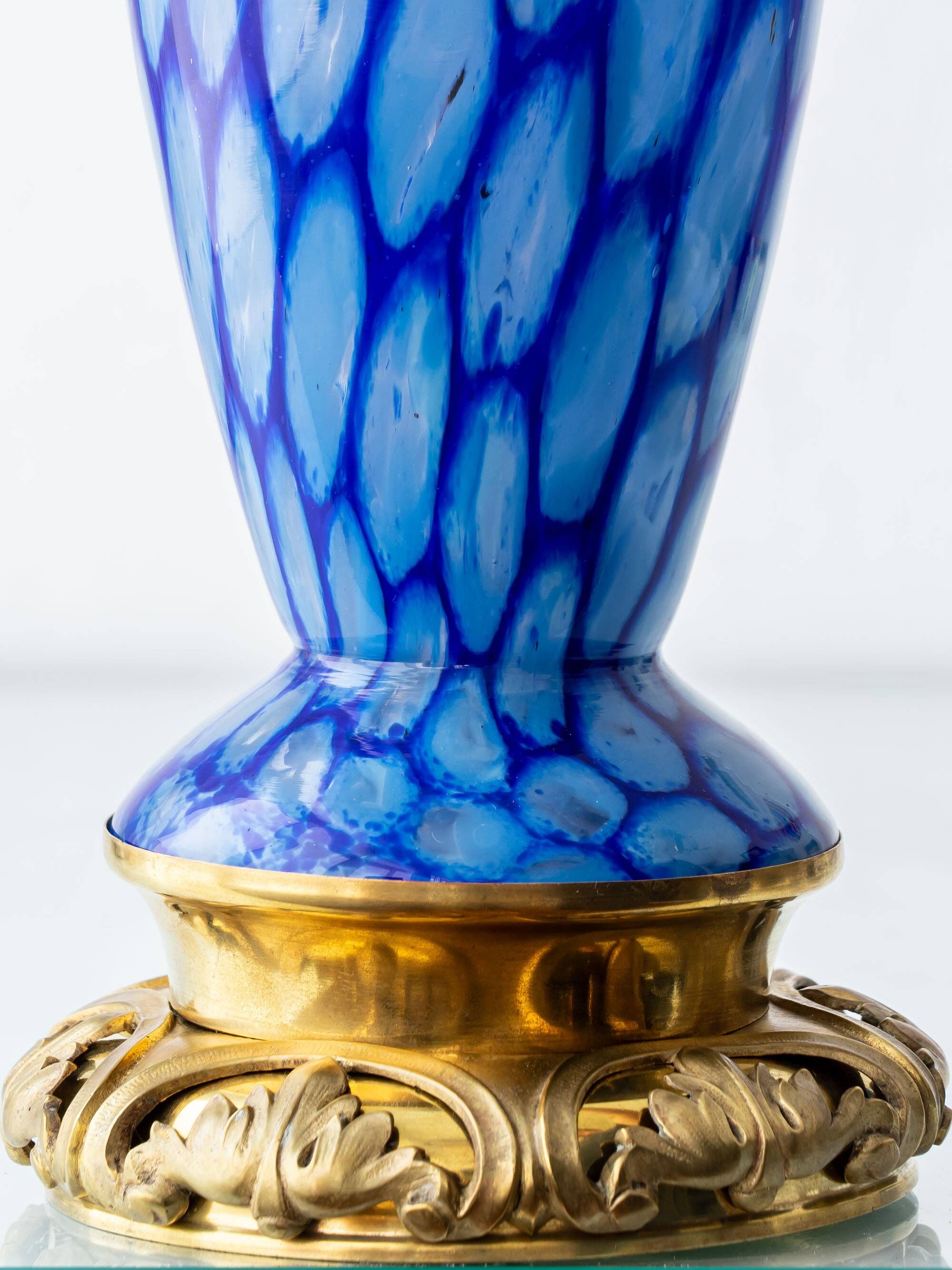 Bohemian Blue Art Glass Table Lamp, Czechoslovakia, circa 1920s