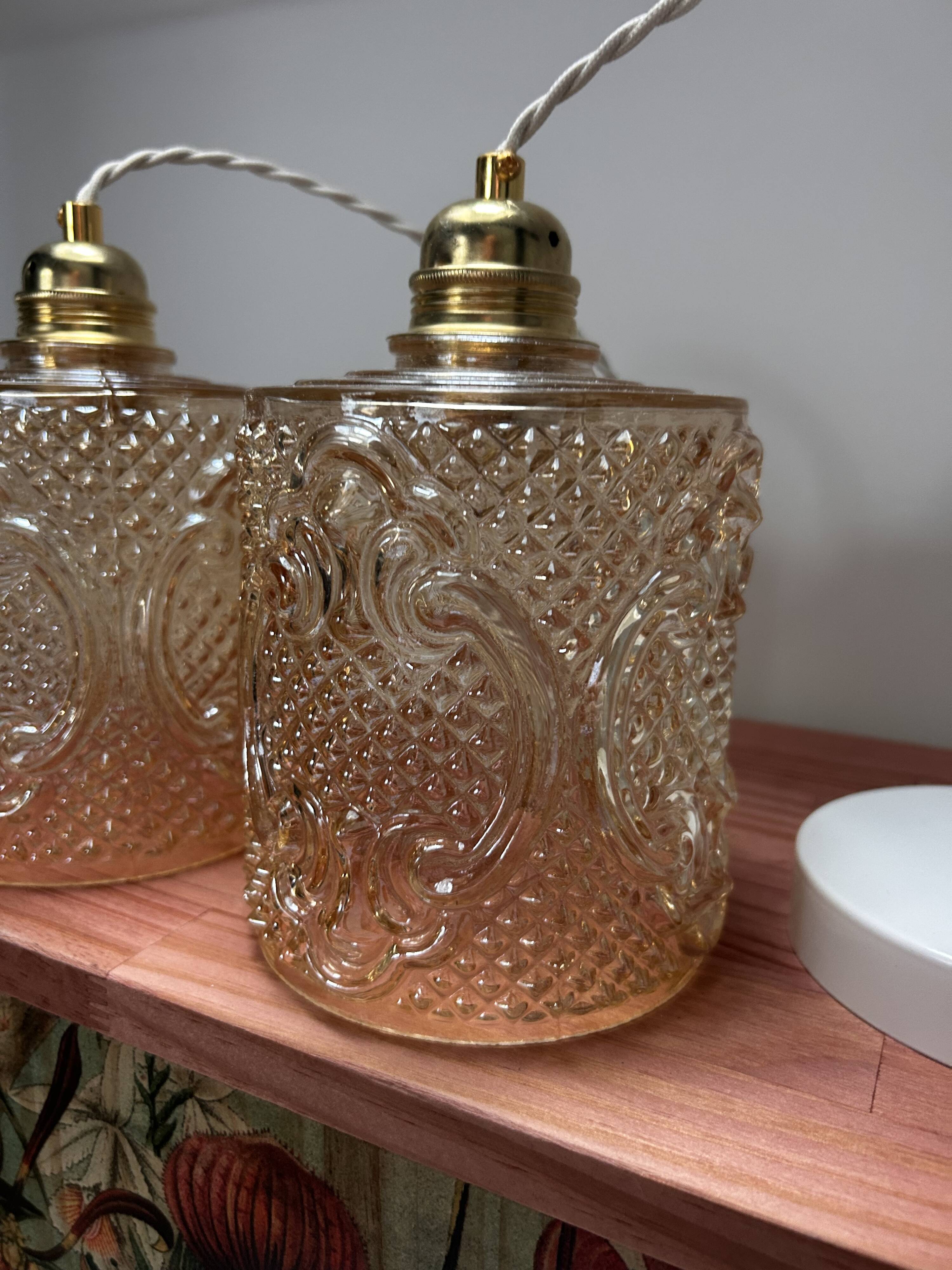 Set of two vintage amber glass pendant lights