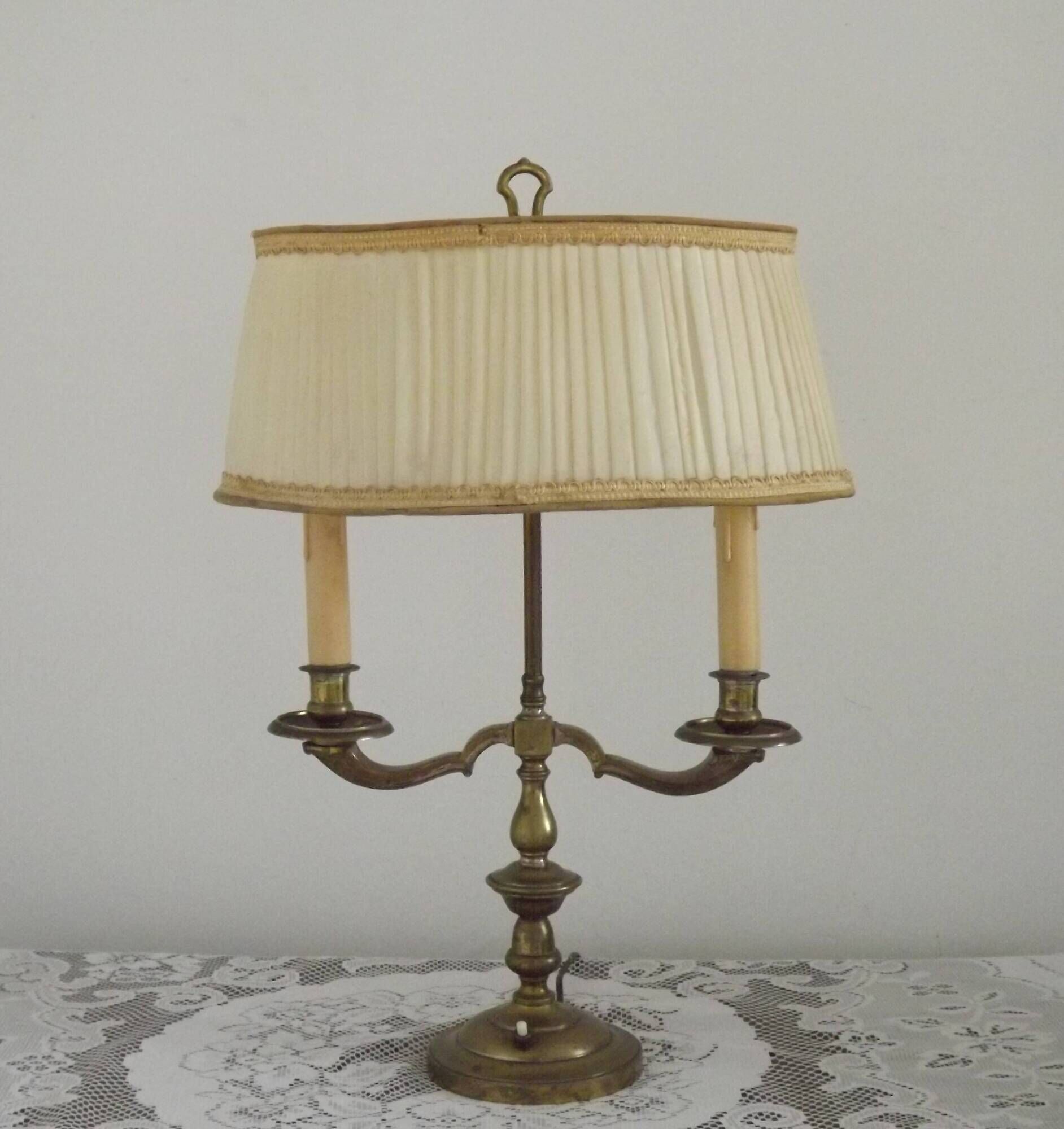 2 Light French Vintage Brass Boulotte Table Lamp With Cream Pleated Shade 5