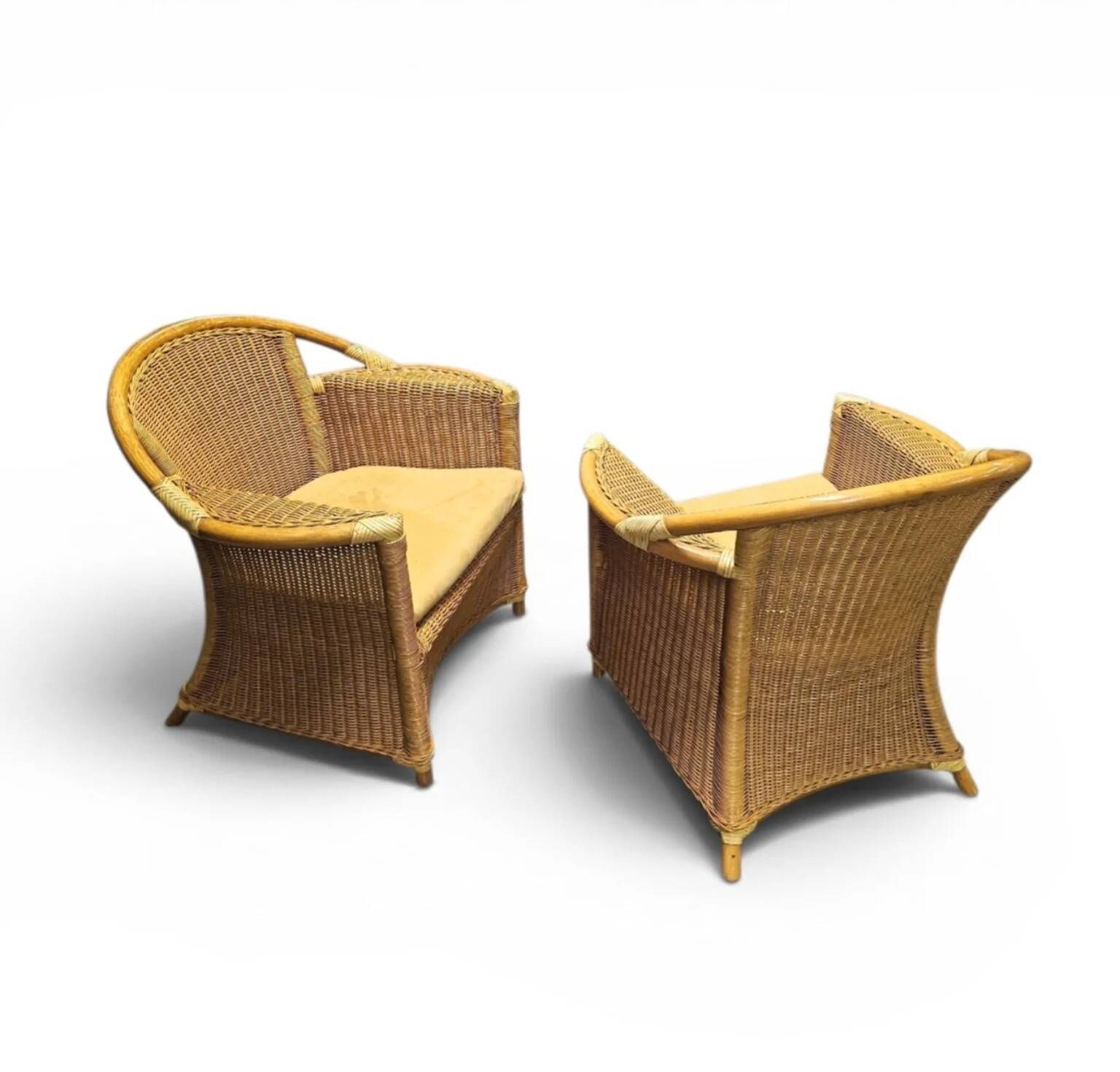 2 x wicker and bamboo patio chair / 1980s / faux suede / alcantara