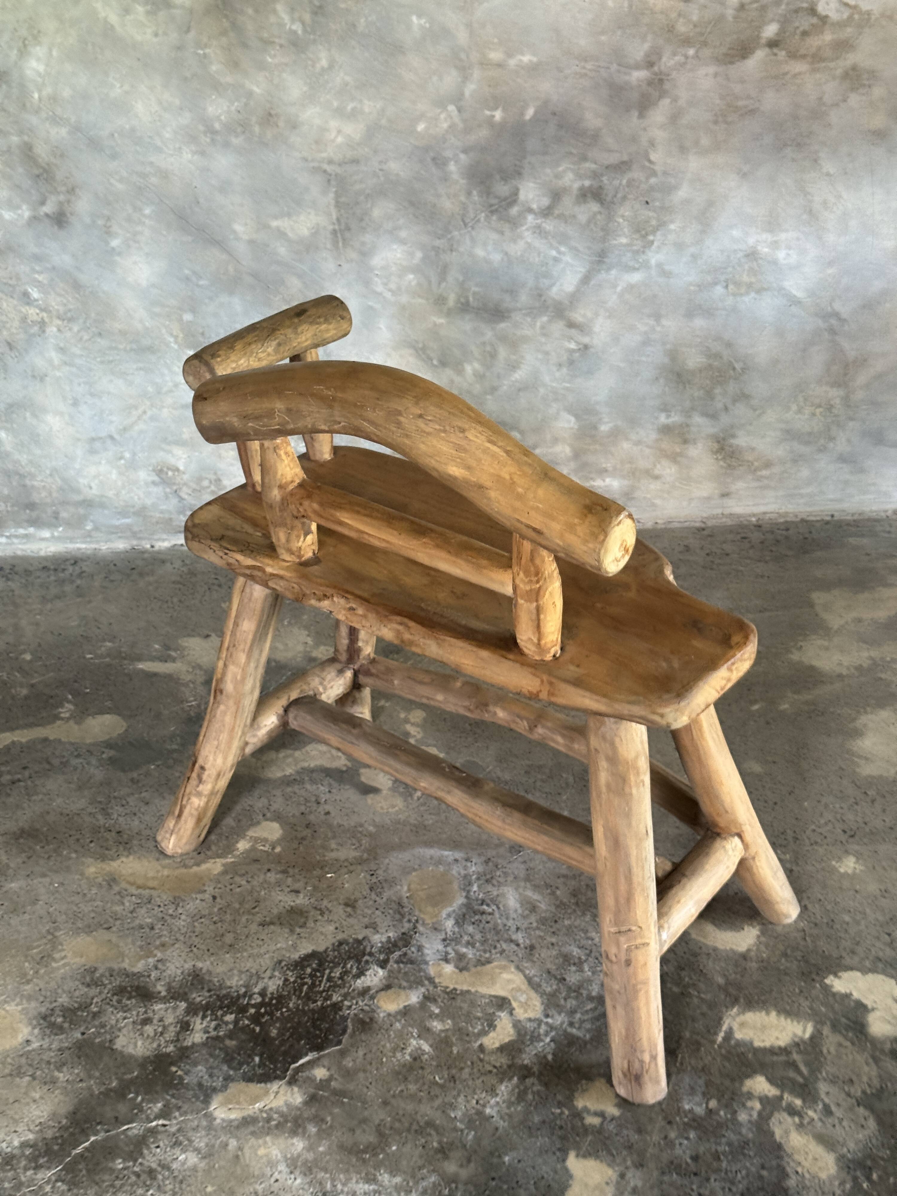 Small brutalist bench with backrest and armrests in Asian blonde teak H67 L6
