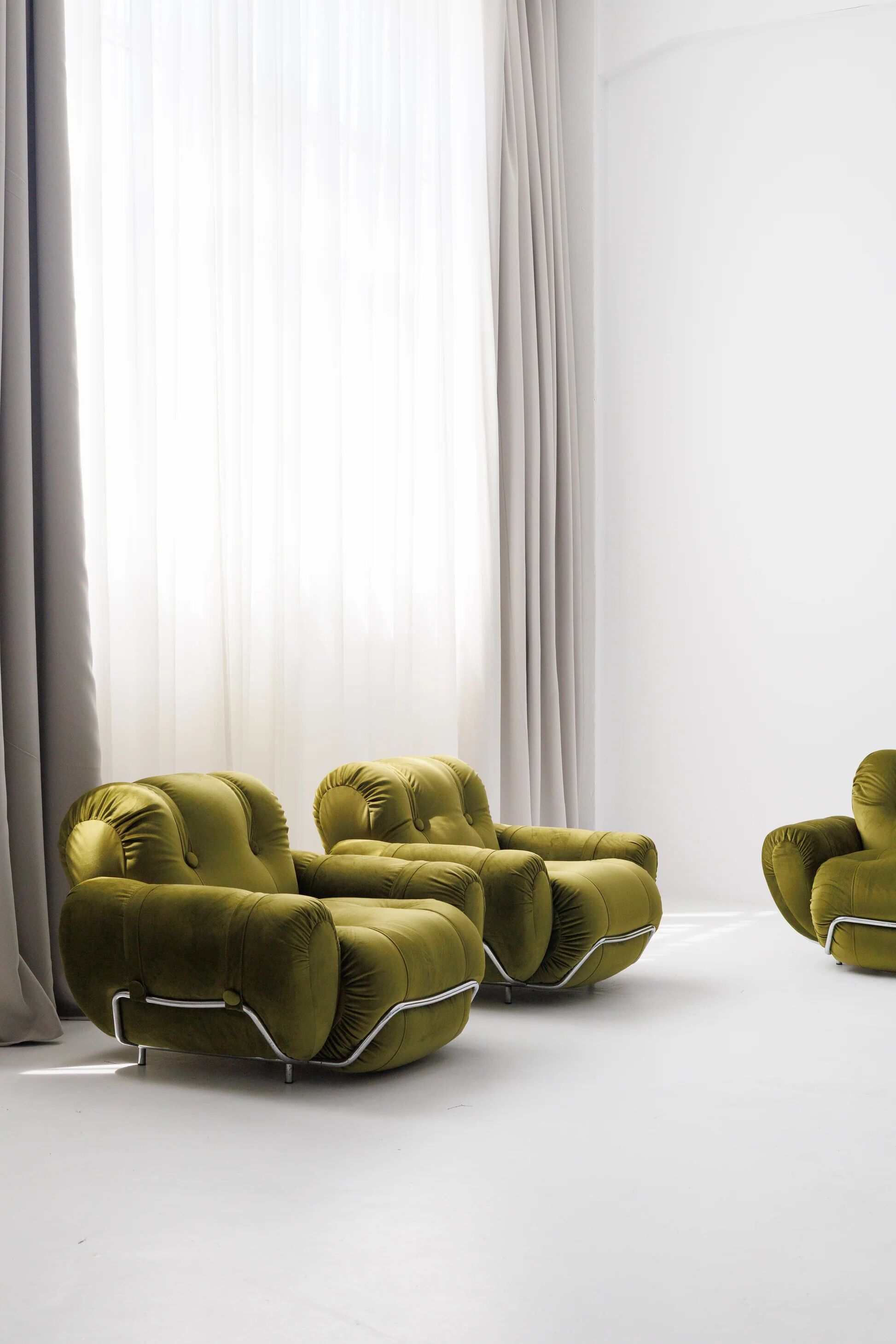Three seater sofa and armchairs dining set by Adriano Piazzesi, reupholstered olive velvet