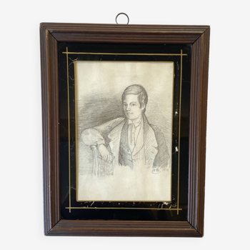 Dessin portrait mine 1838, cadre vitre peinte et bois