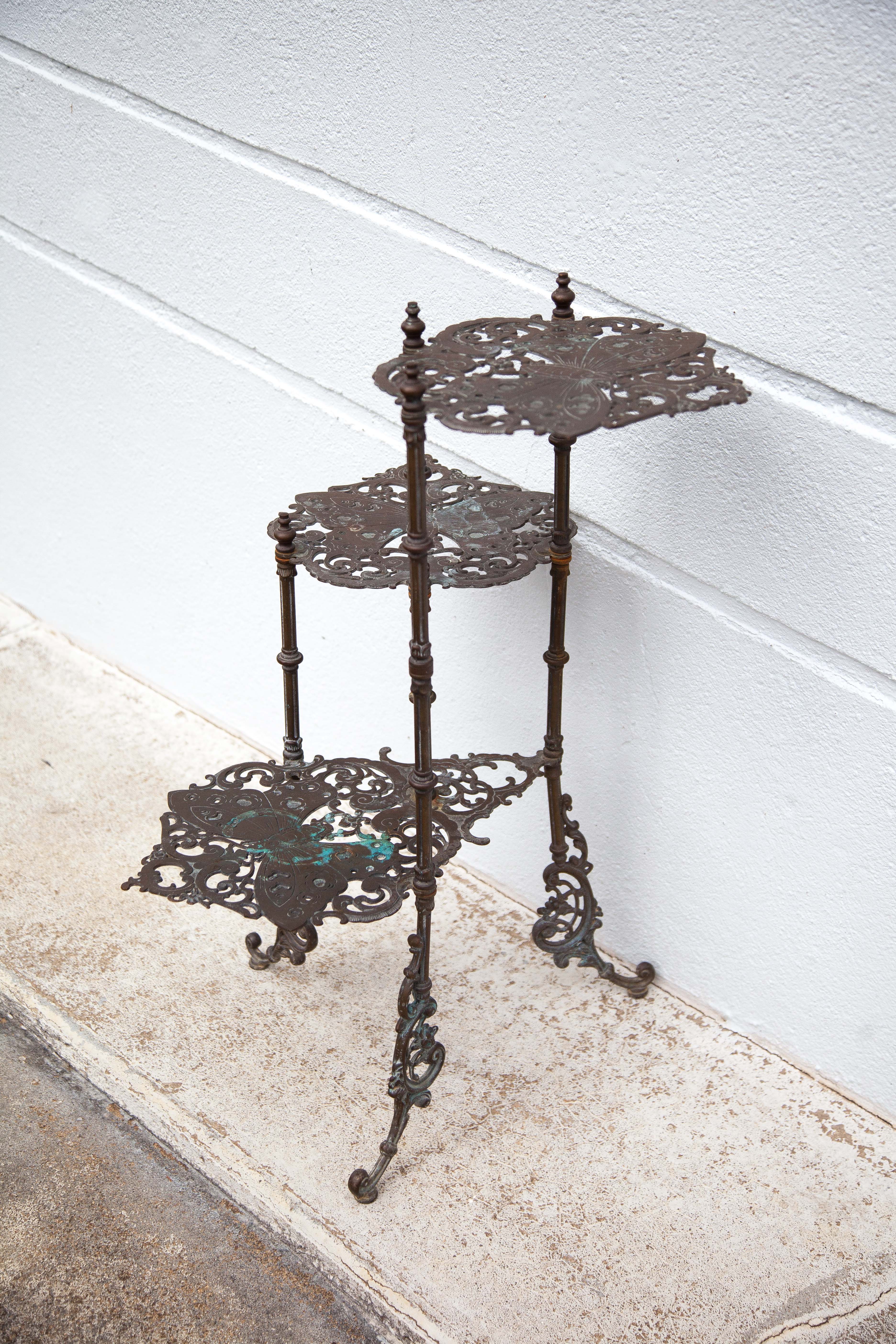 Old bronze harness 3 levels, bronze plant holder, butterfly patterns, planter, patio