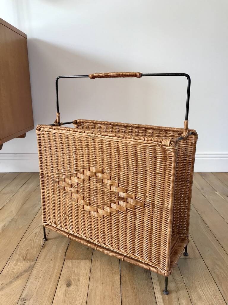 large wicker / rattan and black iron magazine rack from the 70s