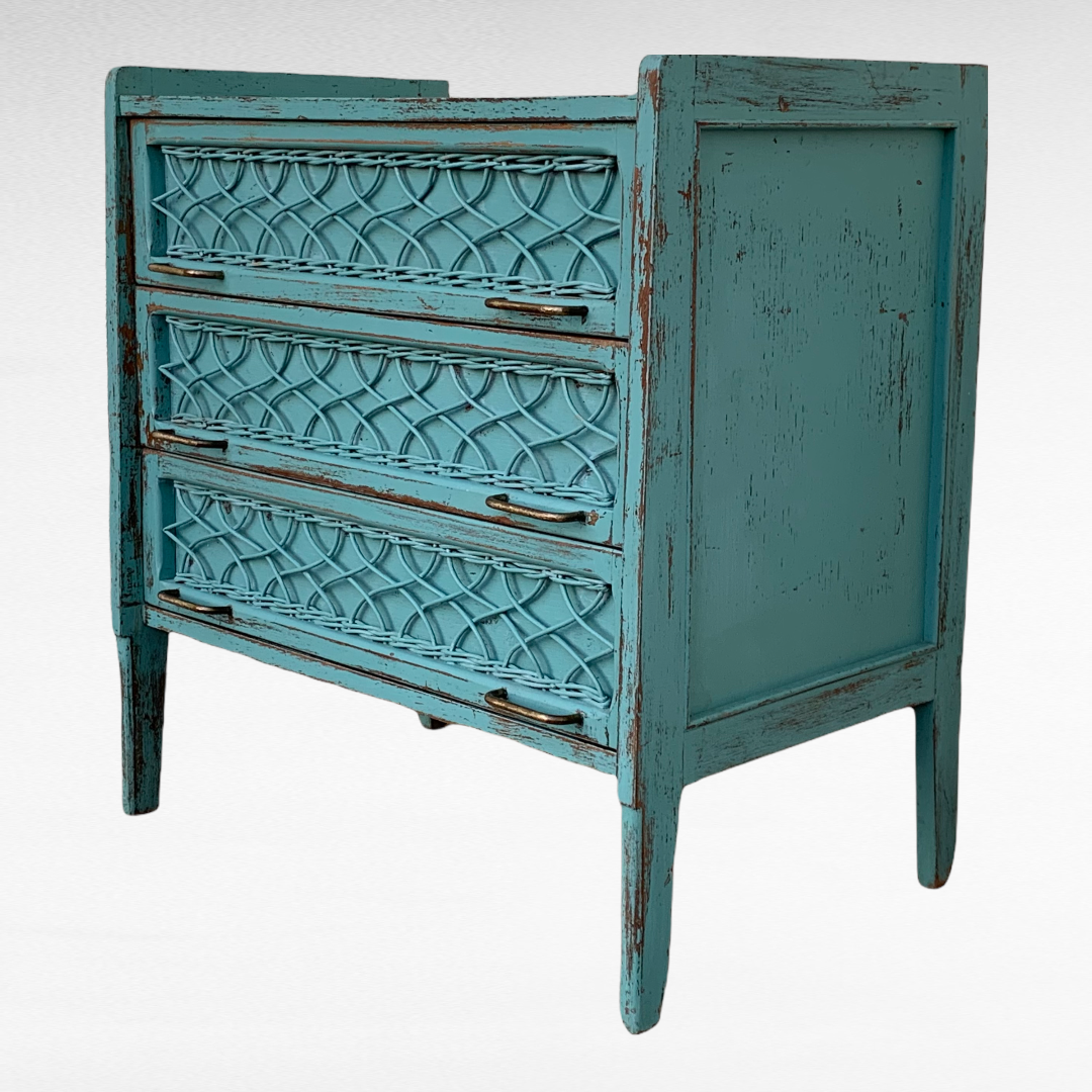 Vintage chest of drawers wood and rattan patina turquoise 1950