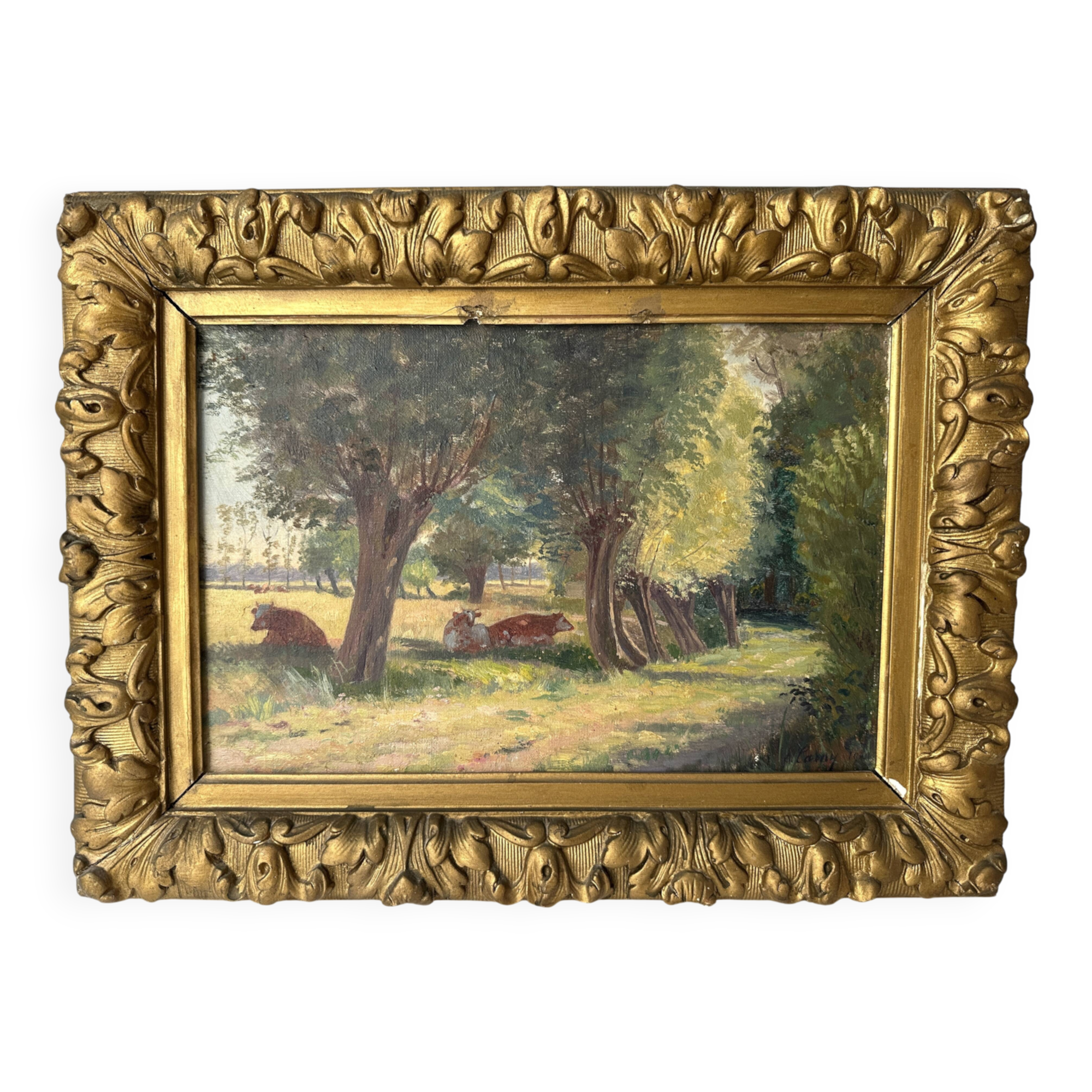 Oil on canvas of a Norman landscape with cows circa 1900.