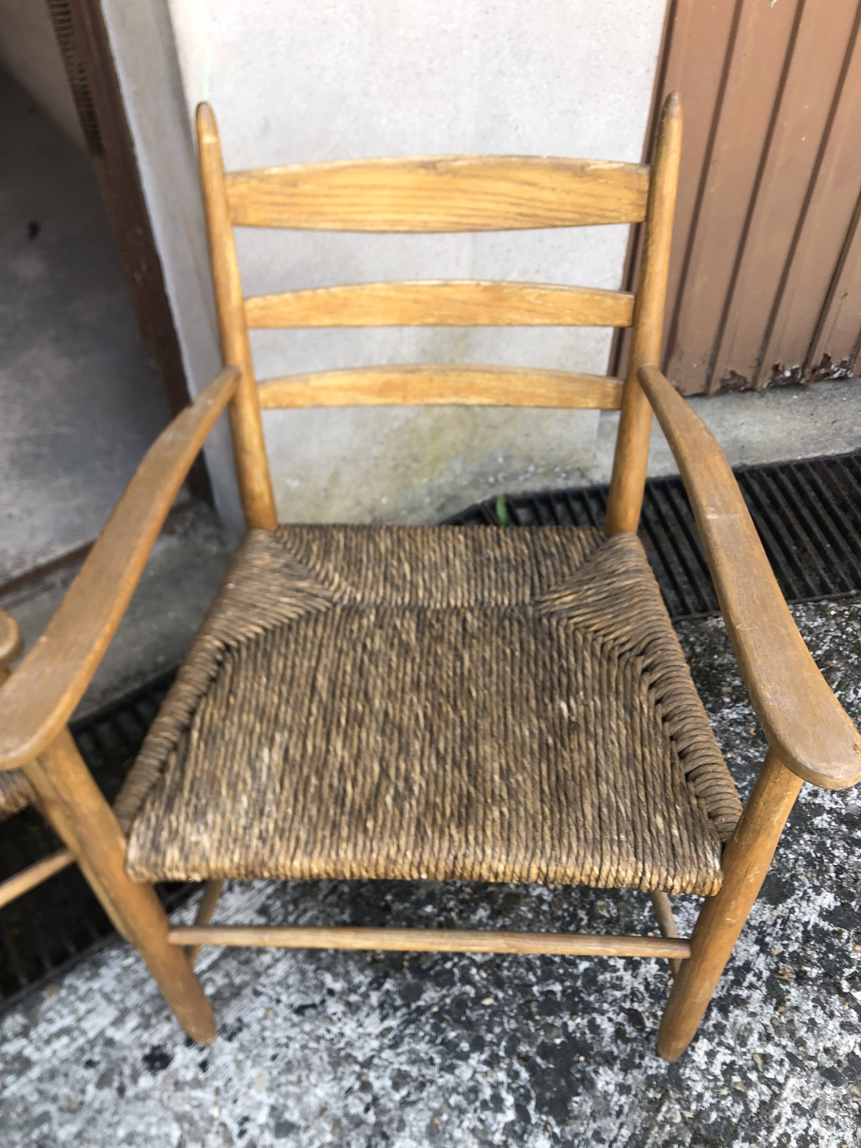Fauteuils bois clair corde paille vintage Années 60