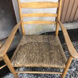 Vintage 60s light wood and straw rope armchairs