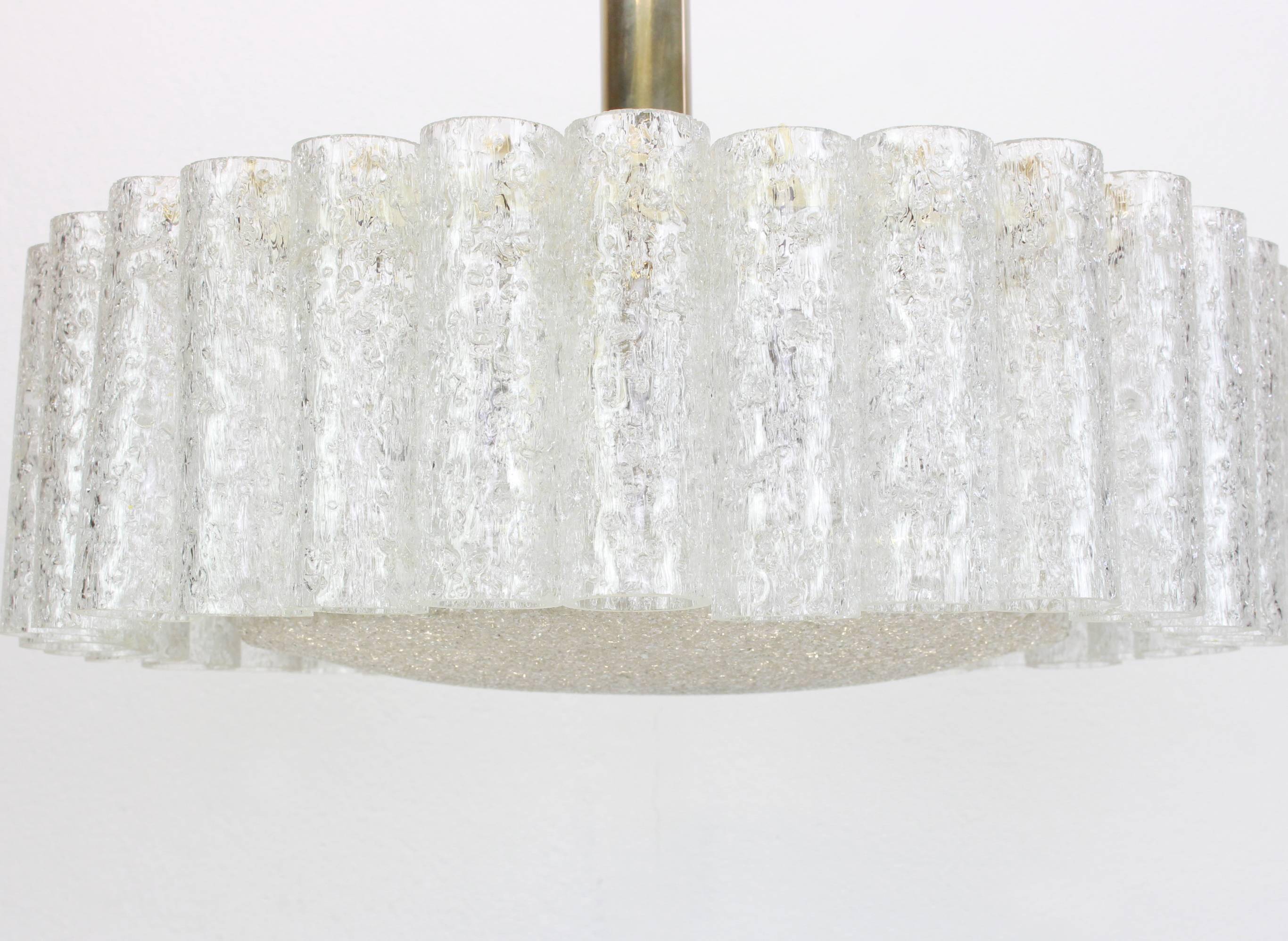 1 of 2 glass tube chandeliers by Doria with brass surround, Germany, 1960s