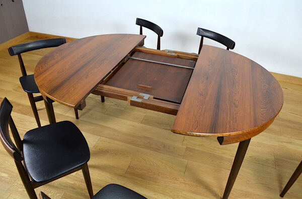 Table et chaises danois en palissandre de rio Hans Olsen, 1960