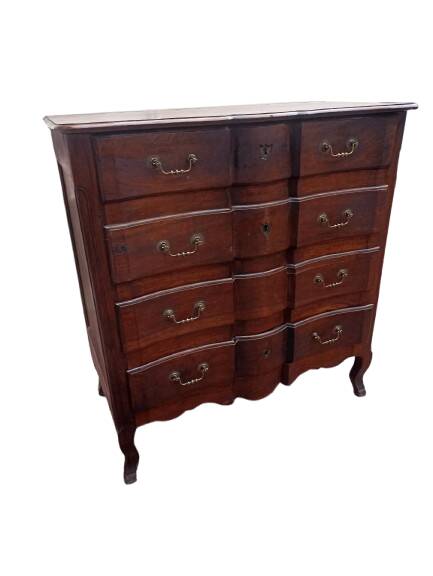 18th century crossbow chest of drawers, stamped