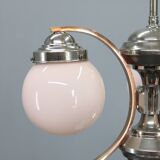 1930s Czechoslovak Art Deco nickel chandelier with rose opaline glass globes