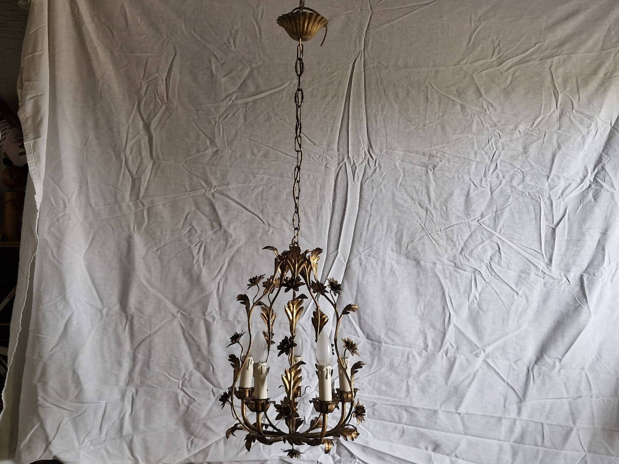 Rare suspension / antique chandelier with 5 lights - Flowers & Foliage in gilded metal
