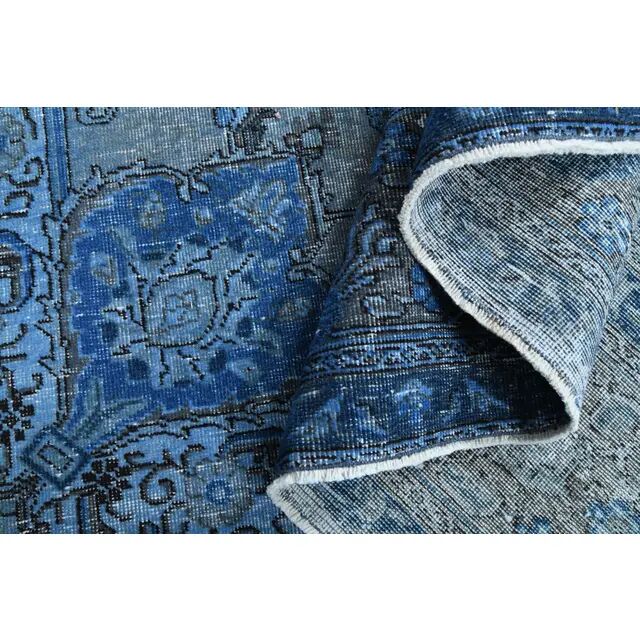 1970s Vintage Persian Handmade Wool Cotton Blue Area Rug 297x385