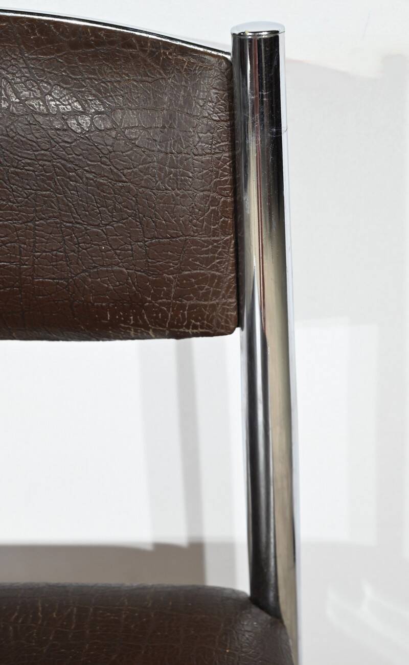 Suite of 3 Leather and Chrome Metal Chairs, attributed to Collomb Creation – 1970