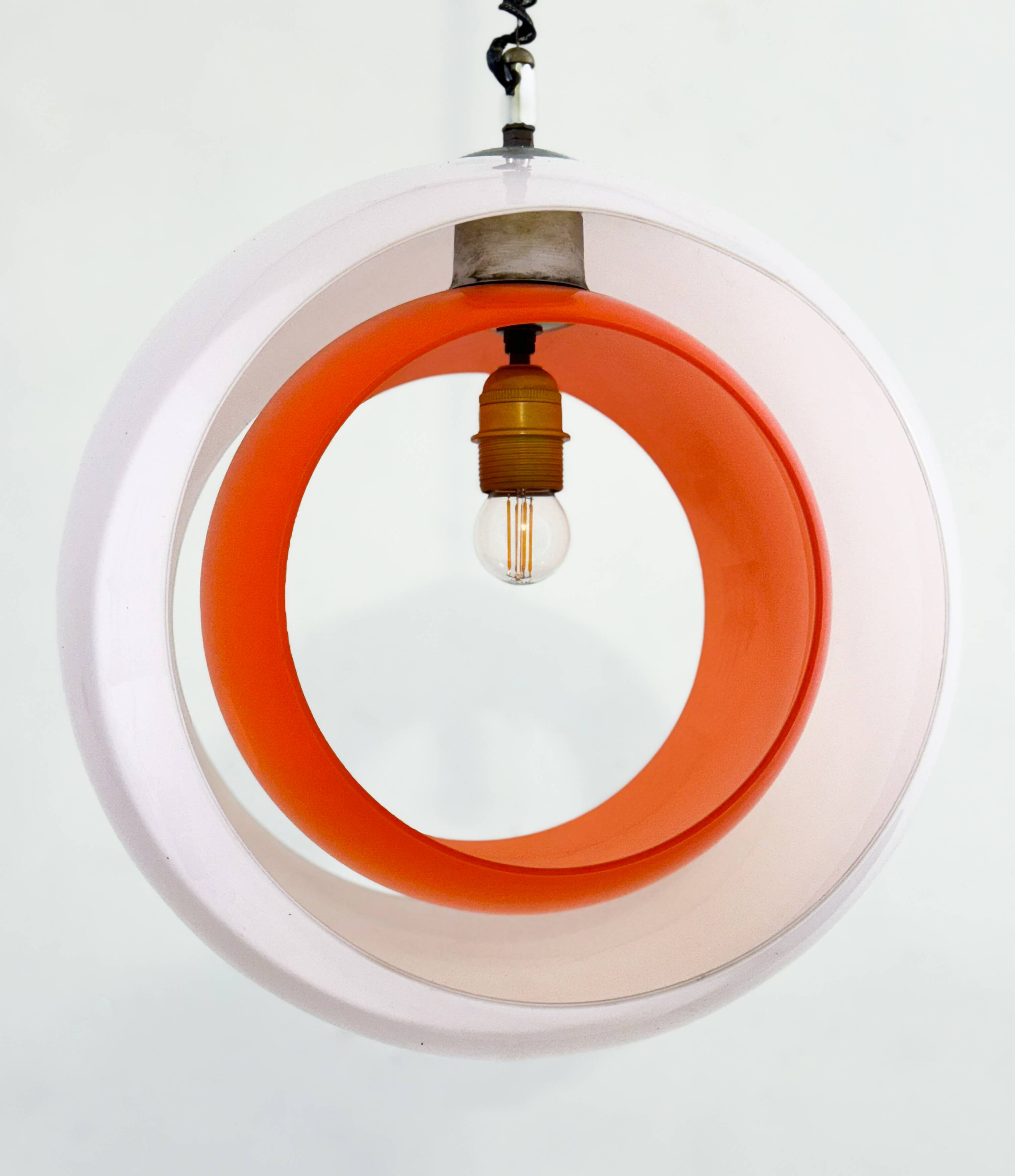 Mid-century Murano Glass White and Orange Suspension model "Eclisse" by Carlo Nason for Mazzega, Ita