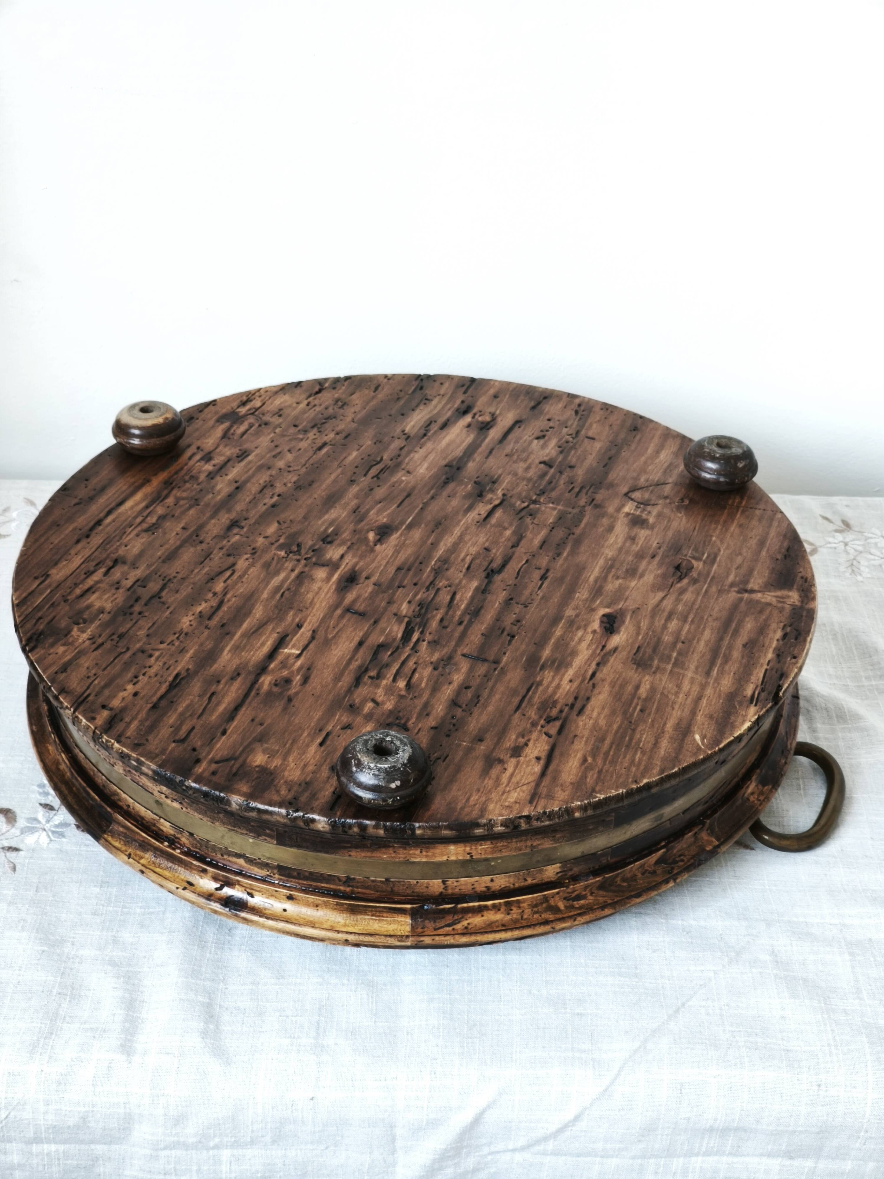 Large antique Italian wooden tray with brass handles.