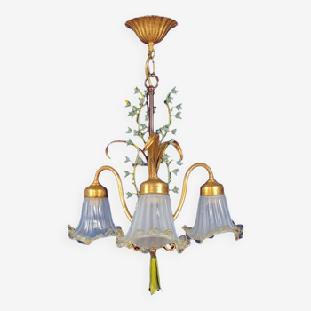 Vintage 1970s Hans Kogl Gilt Floral Florentine Chandelier w/ Murano Glass Shades