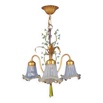 Lustre florentin floral doré et verre de Murano Hans Kogl, années 1970