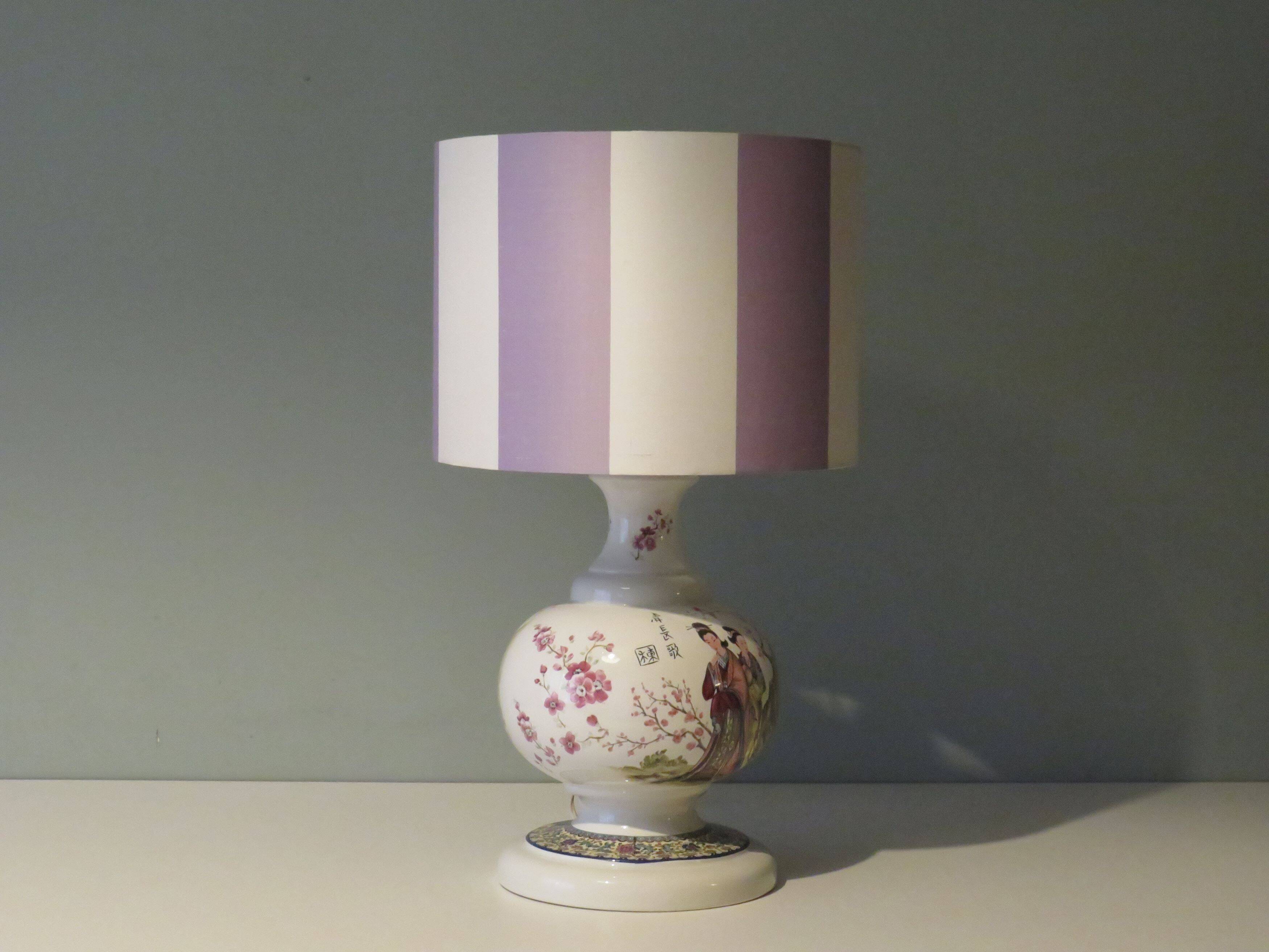 Large vintage ceramic table lamp with oriental images.