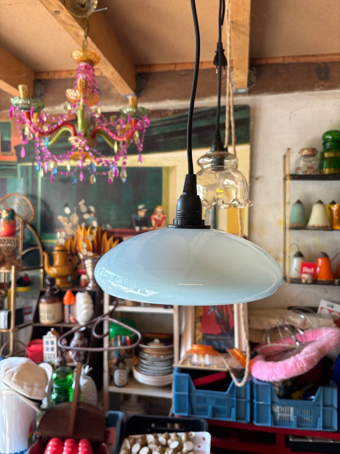 Vintage upcycled light blue opaline pendant light